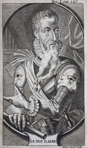 Retrato de Fernando Álvarez de Toledo (1507-1582) Tercer Duque de Alba, Grande de España, Duque de Huescar, Marqués de Coria, Conde de Salvatierra, Virrey de Nápoles (Italia) y Gobernador de los Países Bajos (Países Bajos). Grabado para ilustrar Historia d
