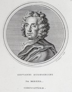 Retrato del compositor barroco italiano y violonchelista Giovanni Battista Bononcini (1670-1747). Grabado. Siglo XVIII. Bolonia, Civico museo bibliografico de Unknown artist