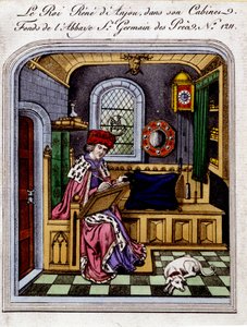 Retrato del Rey René de Anjou (1409-1480) también llamado René I de Nápoles o René de Sicilia, en su gabinete - grabado después de una miniatura de Unknown artist