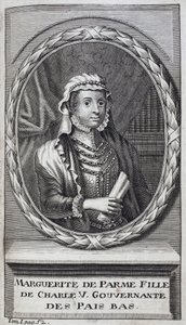 Retrato de Margarita de Parma (o Margarita de Austria) (1522-1586), Duquesa de Parma y Piacenza, hija natural de Carlos V (1500-1558) y gobernadora de los Países Bajos (Países Bajos) de 1559-1581. Grabado para ilustrar 