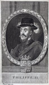 Retrato de Felipe II de España (1527-1598), Rey de España y Portugal. Grabado para ilustrar “Historia de la Guerra de Flandes” de Flamianus Strada