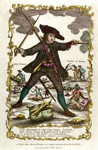 Retrato del bandido francés Louis Mandrin (ca. 1725-1755). Detrás de él, la acción de Autun y la lucha de Baune. Grabado del siglo XVIII. Colección privada