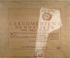 Cartel de la compañía teatral “Les comediens de Monsieur” anunciando la representación de “L