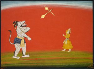 Pradyumna y Samvara luchan con mazas: Hoja del "Gran Basohli Bhagavata Purana"