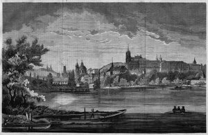 Praga, vista del distrito de la iglesia de San Nicolás de la Kleinseite y el distrito del castillo (Hradcany) que incluye el palacio real, 3 iglesias, un monasterio y la Catedral de San Vito. En “El Universo Ilustrado”, el 08/08/1866