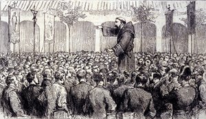 Predicación de un monje capuchino a los peregrinos que llegaron a Lourdes en los Altos Pirineos donde la Virgen se apareció a Bernadette Soubirous en 1858, lugar actual de peregrinación. Grabado de 1877 de Unknown artist