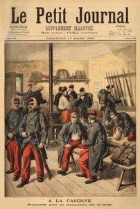 Preparativos para maniobras en la nieve, en lugar de usar gafas con cristales ahumados, los soldados están rodeados de hollín negro. Grabado en "Le petit journal" 17/03/1895. Colección Selva