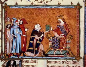Presentación del libro: Jean de Joinville (1224-1317) ofrece su libro a Luis Rey de Navarra futuro Luis X el hutin. Miniatura en 
