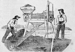 Publicidad “The Fortune, Company of the Gold Mines of California”: imagen que representa a dos buscadores de oro trabajando en máquinas de lavado y mezclando oro - en “el Charivari” del 25 de junio