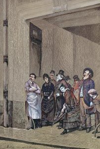 Tiempo lluvioso, gente de pie bajo un tejado esperando a que deje de llover, pintura de A. Bellet de Unknown artist