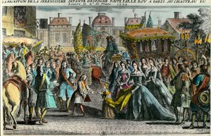 Recepción de la infanta de España María Ana Victoria (1718-1781) por el Rey Luis XV en París en el Louvre el 2 de marzo de 1722. Mariana Victoria de Borbón fue comprometida a los 3 años con Luis XV de 11 años. Grabado del siglo XVIII. Colección privada de Unknown artist