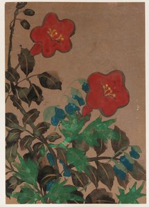 Flores rojas y azules y follaje de Unknown artist