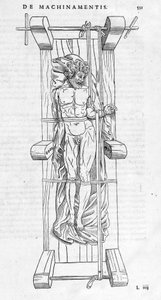 Reducción de fracturas: un hombre está fijado en una camilla, su brazo roto está estirado entre dos ejes. Placa ilustrada de "De dissectione partium corporis humani libri tres..." de Carlo Stefano Riverio, París 1545 de Unknown artist