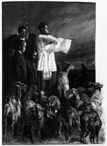 Ritos religiosos: Ceremonia de exorcismo en la plaza de la ciudad durante la noche de la Ascensión. Grabado de Sicilia del siglo XIX de Unknown artist