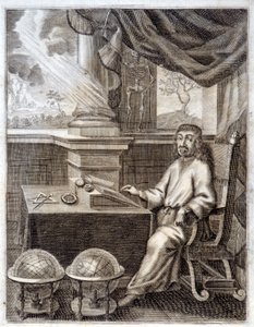 René Descartes (1596 - 1650) en su oficina con equipo científico. Grabado del siglo XVII. de Unknown artist