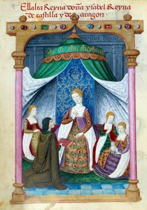 Representación de la reina Isabel de Portugal rodeada de sus compañeras y Pedro Marcuello que le ofrece su libro de Unknown artist