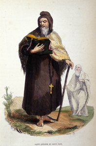 Representación de San Antonio el Grande, anacoreta egipcio (251-356), fundador del eremitismo cristiano y San Pablo de Tebas. Grabado del siglo XIX. de Unknown artist