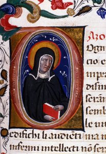 Representación de Santa Clara (Chiara) de Asís (c.1192-1253), fundadora de la orden religiosa de las Clarisas. Miniatura de un manuscrito del siglo XV.