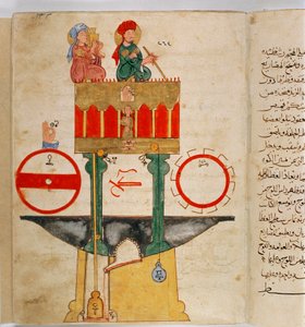 Representación de un instrumento diseñado por el ingeniero turco Ibn al-Rajjaj al-Jazari (1136-1206) para medir la cantidad de sangre. Invento diseñado por el ingeniero turco Ibn al-Rajjaj al-Jazari alrededor de 1203
