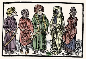 Representación del trigo sarraceno. Hombres con brazos con cabezas entrelazadas y mujeres veladas. Xilografía del siglo XV de Unknown artist