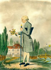 Representación del filósofo suizo Jean Jacques Rousseau (1712-1778) recogiendo flores en Ermenonville. Grabado del siglo XVIII. Colección privada