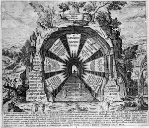 Representación de la entrada de la Casa de los Misterios, simbólica de la vida eterna. Grabado del “Amphitheatrum sapientiae aeternae”. de Unknown artist