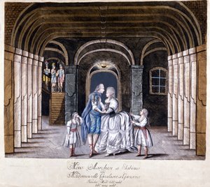 Representación de la ópera “Giulio Sabino” de Giuseppe Sarti (1729-1802) en Viena en 1785. En el escenario Caterina (Katharina) Cavalieri y el castrado Luigi Marchesi. Milán de Unknown artist