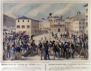 Revolución del Cantón de Ticino en Suiza el 5 de diciembre de 1859. Grabado del siglo XIX. de Unknown artist