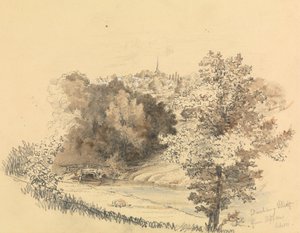 Paisaje fluvial con una ciudad a lo lejos de Unknown artist