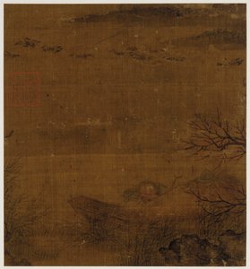 Escena de río: un hombre dormido en un bote - patos nadando de Unknown artist