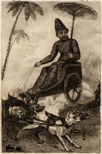 Robinson Crusoe en su carro tirado por seis perros, grabado insertado en “Las aventuras de Robinson Crusoe” de Daniel Defoe de Unknown artist