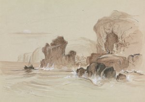 Costa rocosa con pequeño barco de pesca de Unknown artist
