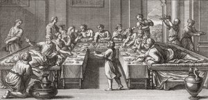 Triclinium romano, o comedor, con mesa y sofás de Unknown artist