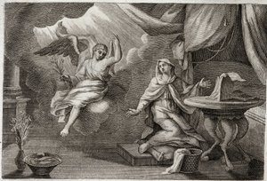 Biblia de Royaumont, Nuevo Testamento: Anunciación de la Virgen. El arcángel Gabriel ha venido a entregar un mensaje a María. Ilustración de 1811