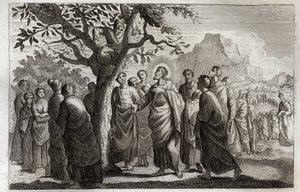 Biblia de Royaumont, Nuevo Testamento: Conversión de Zaqueo. Jesucristo hablando con Zaqueo subido al sicomoro. Ilustración de 1811. de Unknown artist