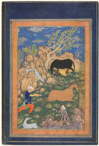Rustam Lassoing his Horse, Rakhsh, in a Landscape (recto)