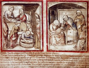 Rut da a luz a Obed, hijo de Booz. Miniatura del códice 212 (o códice padovano o Biblia de Padua) 1390-1400 Rovigo, Accademia dei Concordi