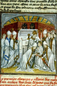Coronación de Luis VI (1108) - Iluminación de manuscrito en vitela de la Edad Media “Grandes Crónicas de Saint-Denis” finales del siglo XIV de Unknown artist