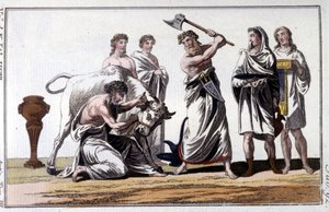 Sacrificio de un toro entre los celtas. Grabado del siglo XIX.