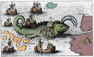 San Brendan (Brandan), héroe y santo irlandés del siglo VI, celebrando misa en la espalda de la ballena gigante Jasconius. Leyenda dice que su barco fue llevado en la espalda de una ballena. Grabado colorido del siglo XVII de Unknown artist