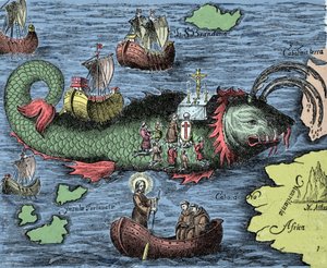 San Brendan (Brandan), héroe y santo irlandés del siglo VI, representado celebrando misa sobre el lomo de la ballena gigante Jasconius. La leyenda dice que su barco fue llevado sobre el lomo de una ballena. Grabado coloreado de “Nova Tipus Transacto Naviga de Unknown artist