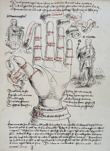 Santa Brígida, con sus dones de visionaria, es invocada para conocer la fecha de muerte de una persona, leyendo las líneas de la mano. Santa María Magdalena y Marta aparecen a cada lado de la mano.