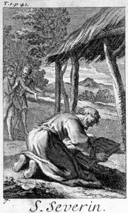 San Severino, evangelizador del Nórico (actual Austria), leyendo. Grabado del siglo XVII de Unknown artist