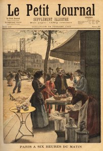 Vendedora de sopa y café con leche, bajo las puertas cocheras a las 6 am para el desayuno al aire libre de los trabajadores parisinos. Grabado en "Le petit journal" 14/07/1895. Colección de Selva.