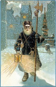 Papá Noel en la noche con linterna. Postal del siglo XIX
