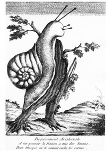 Dibujo satírico: disfraz aristocrático (un caracol en un tocón): "A tu poder la Nación puso los límites, hermosa máscara te conocemos, oculta tus cuernos" - 1790, Museo Carnavalet de Unknown artist