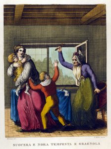 Dichos: “Hermosa madre e hija, tempestad y granizo”. Ilustración de una colección de proverbios del siglo XVIII de Unknown artist