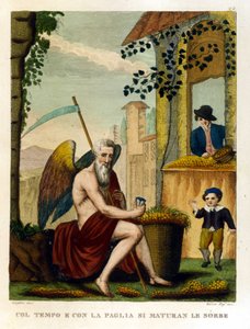 Dichos: "Con tiempo y paja maduran los nísperos y las bellotas" (el tiempo lo madura todo), Ilustración de una colección de proverbios. Siglo XIX