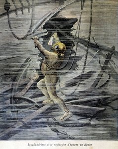 Buceador buscando naufragios en Le Havre. Ilustración del “Petity Journal” de 1892. de Unknown artist
