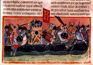 Escena de batalla naval. Miniatura de un códice francés en pergamino “Hechos de los Romanos” que narra la historia antigua hasta Julio César. Siglo XIII. Venecia, biblioteca Marciana de Unknown artist